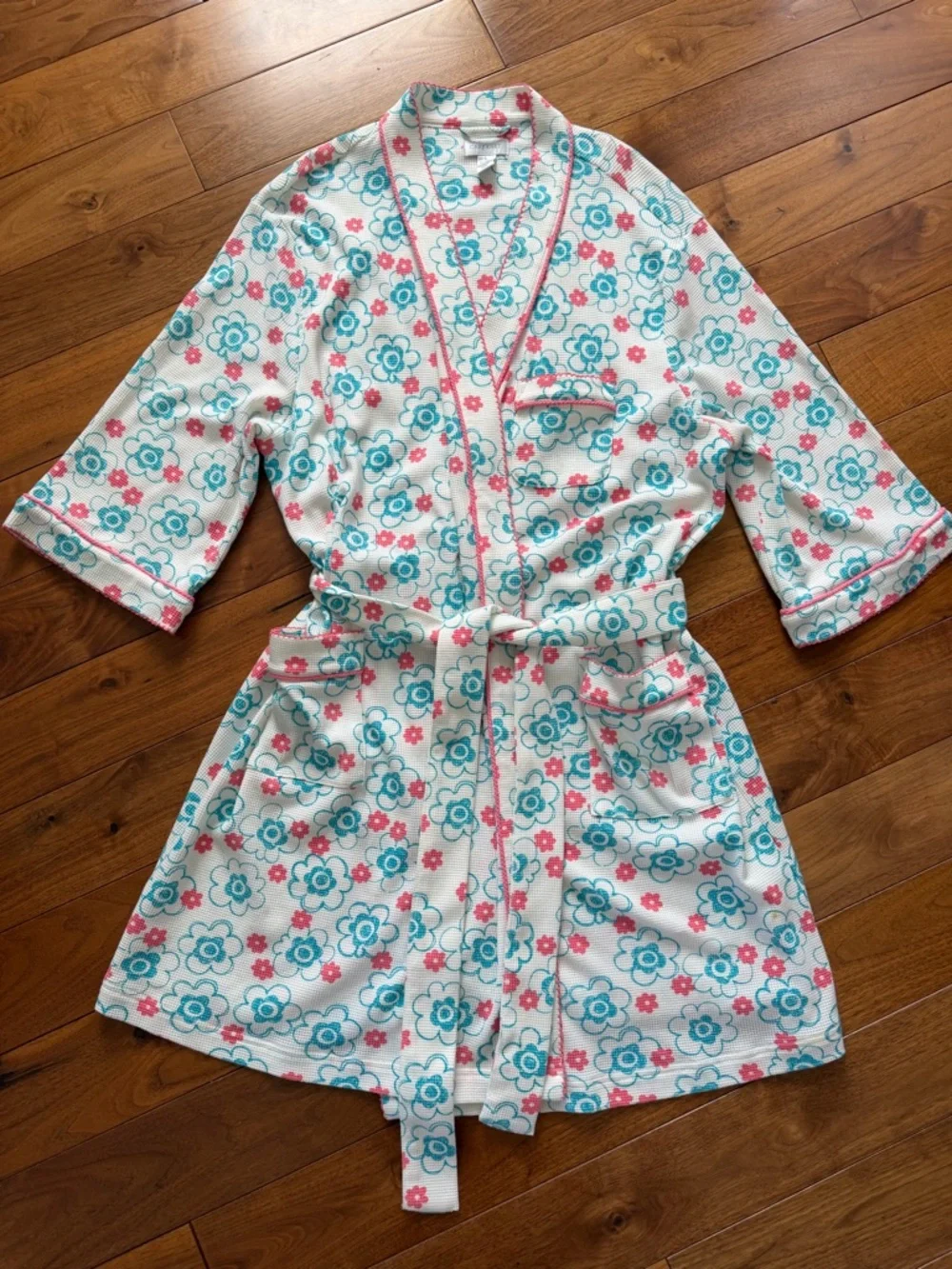 Cabernet Floral Waffle Knit Robe Size L Cotton Blend Belted